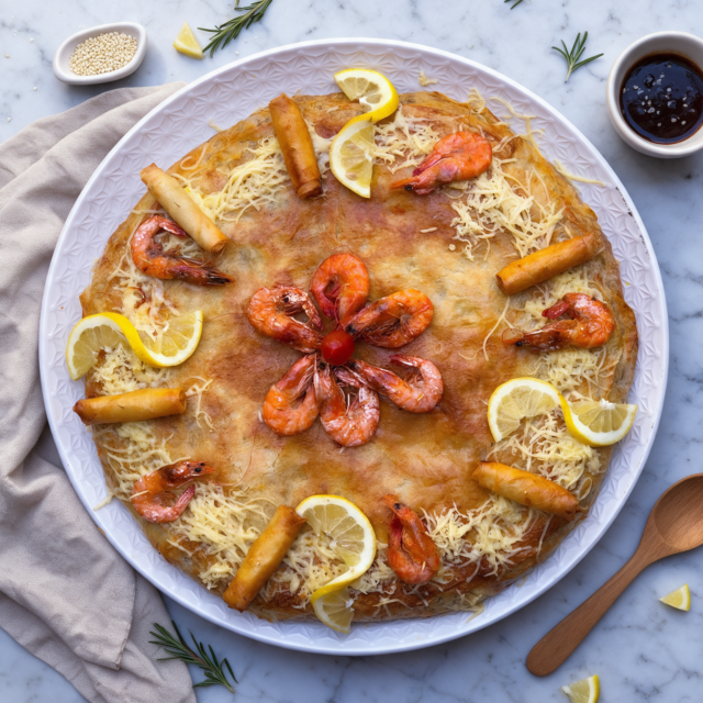 Pastilla aux fruits de mer garnie de crevettes, de rondelles de citron et de briouates