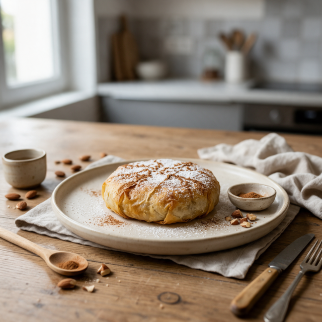 Pastilla individuelle dorée saupoudrée de cannelle, servie sur une assiette
