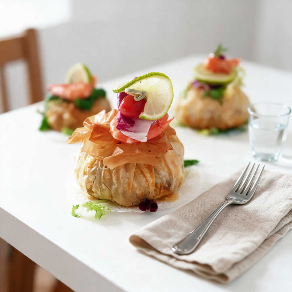 Mini pastillas aux fruits de mer garnies d'une crevette et d'une rondelle de citron vert