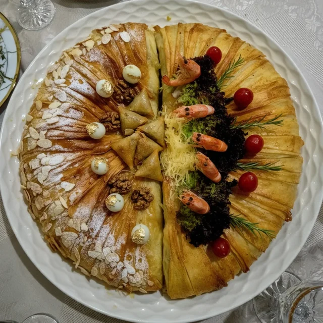 Pastilla Luxe : une moitié poulet et amandes, une moitié fruits de mer décorée de crevettes