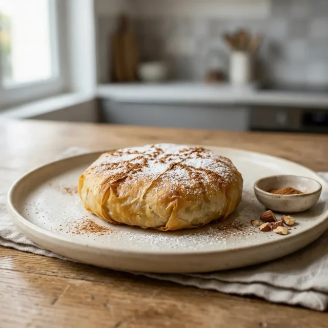 Pastilla au poulet et aux amandes saupoudrée de sucre glace et de cannelle